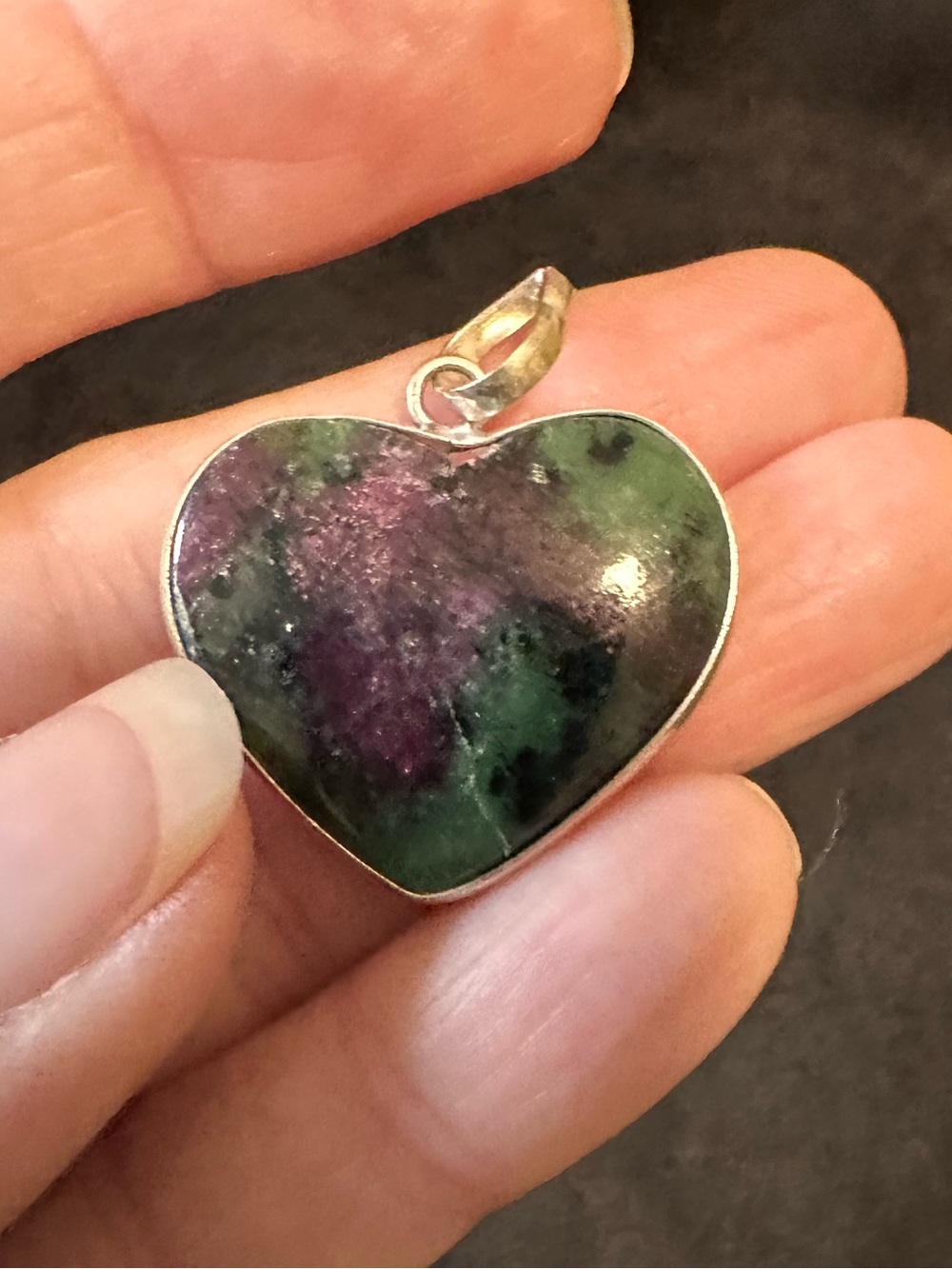 Artisan Heart-Shaped Ruby Zoisite Pendant in Green and Purple in silver setting